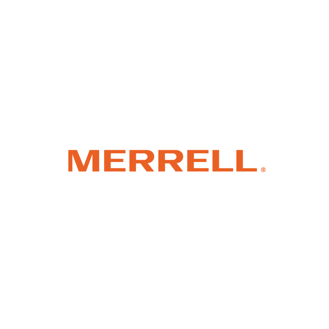 Ein schlichtes weißes Bild mit dem Merrell Markenlogo in dem typischen Orange